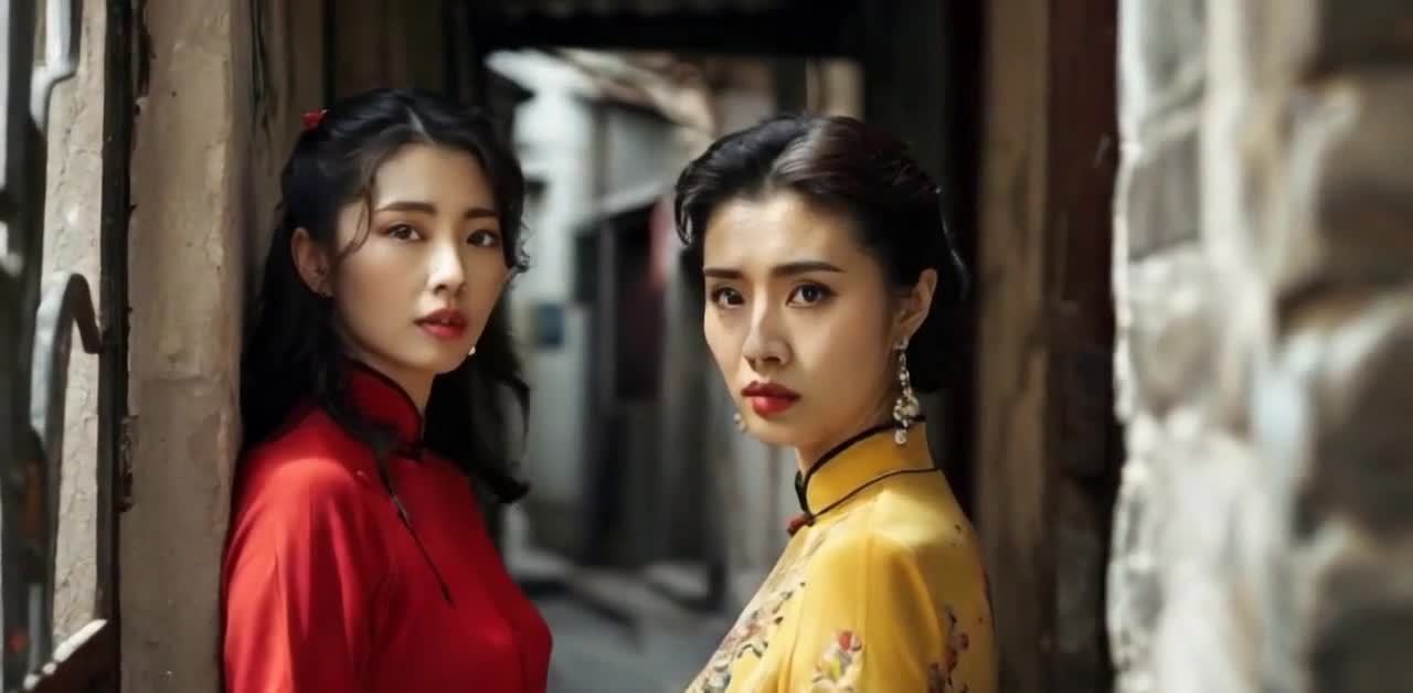 两位年轻女性，一位身着红色中式服装，另一位穿着黄色