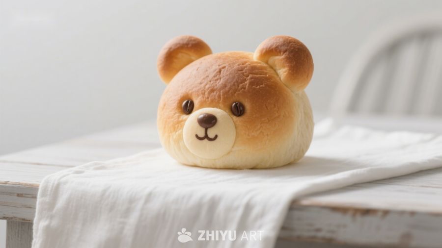 可爱熊形面包置于白色桌布上