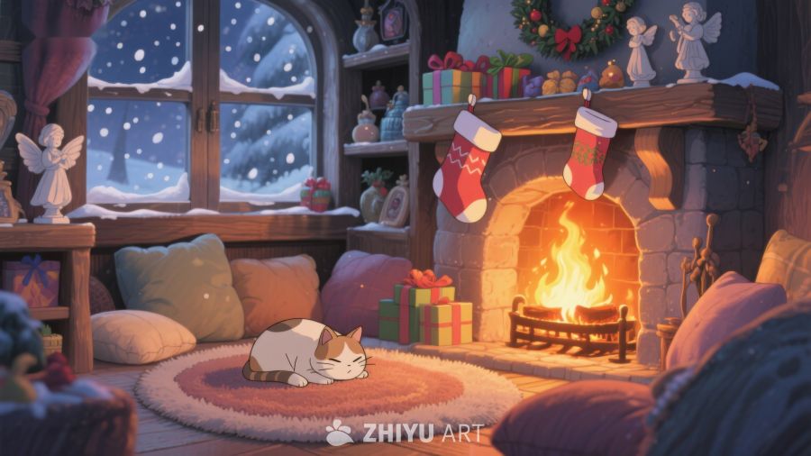 温馨圣诞夜，猫咪炉边小憩 333