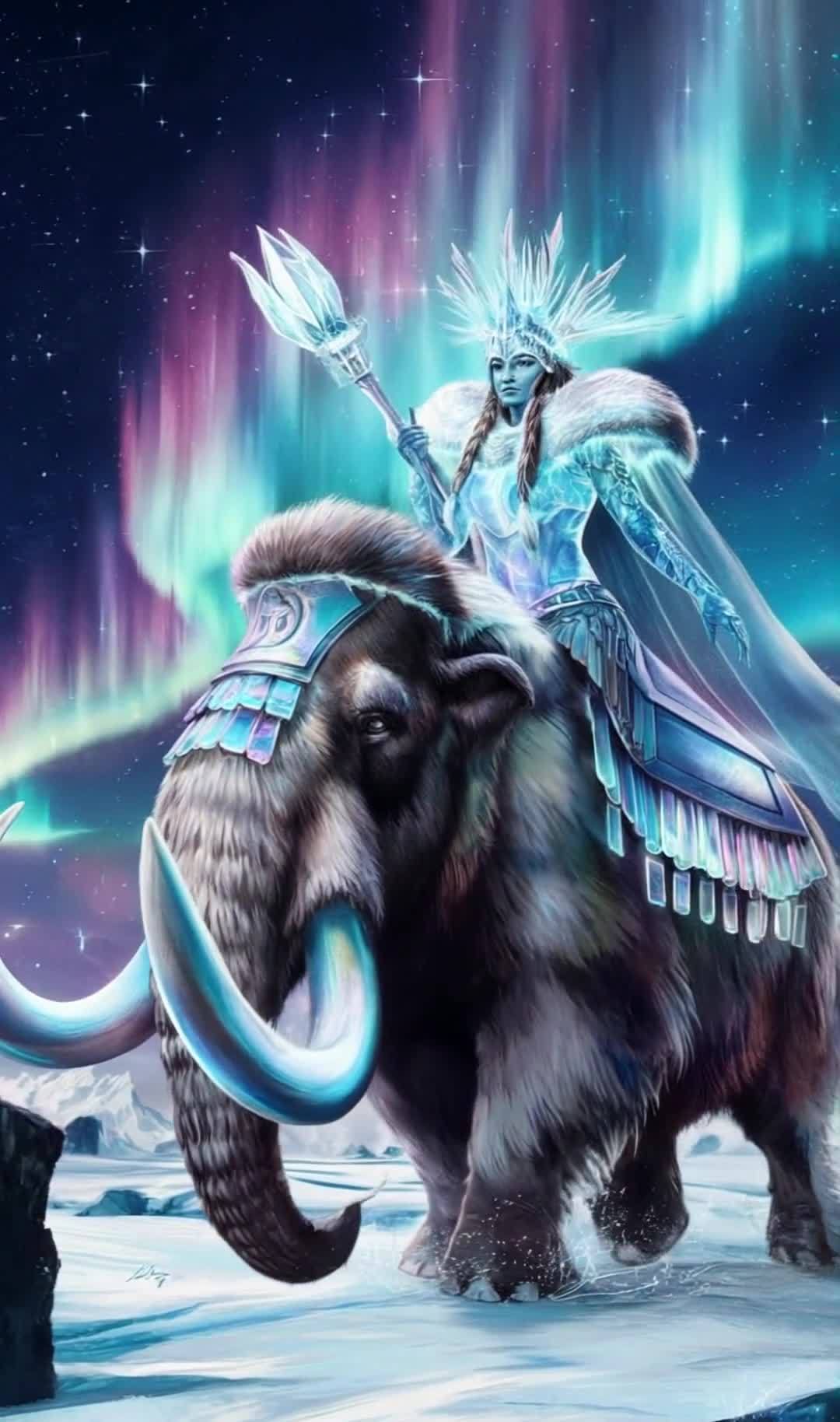 冰雪女王骑长毛象，极光雪山背景，奇幻场景