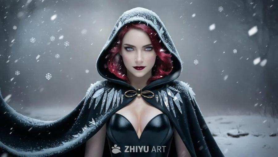 一个戴着黑色兜帽、红眼睛的女性，兜帽上覆盖着冰晶。
