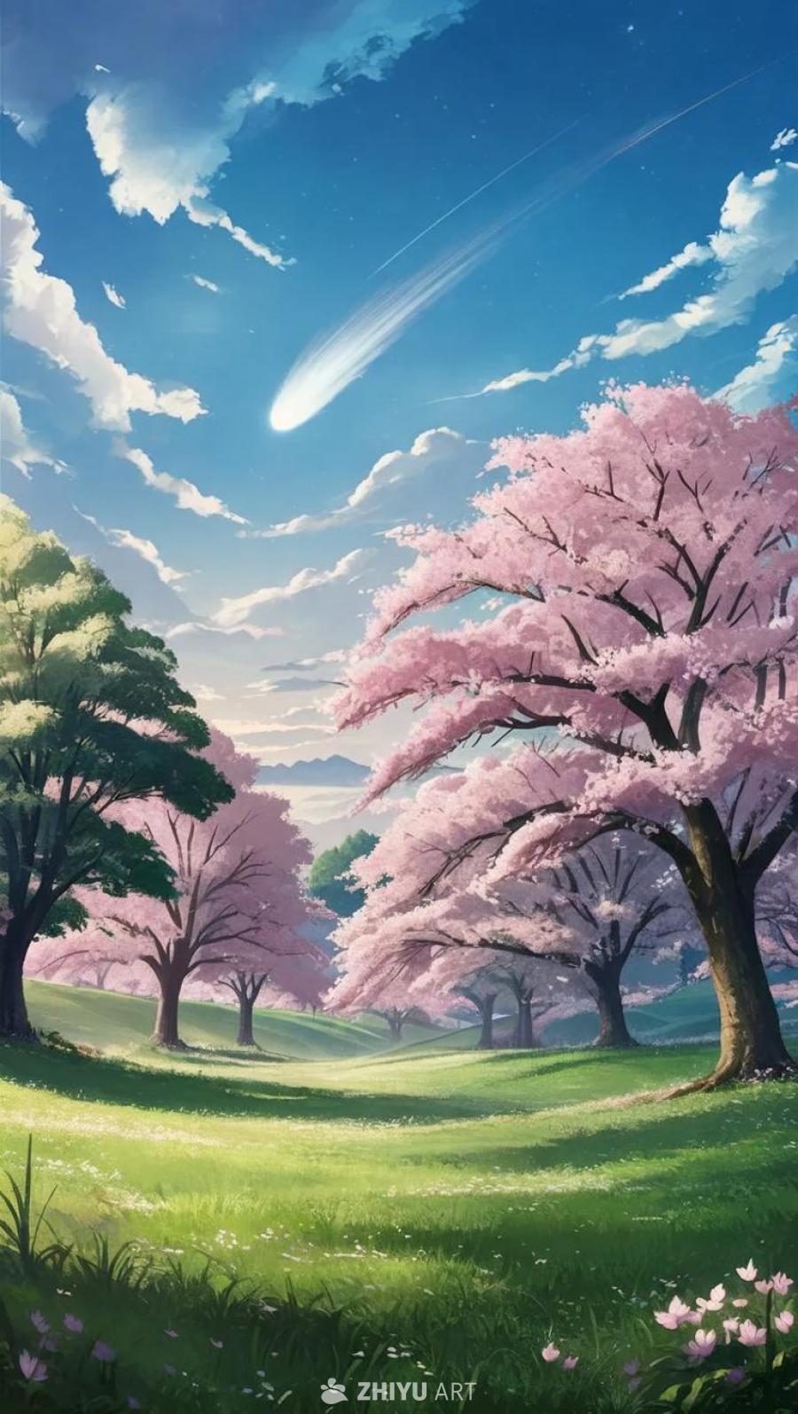 一片绿色田野，点缀着丛生的树木，有樱花树和ipe树