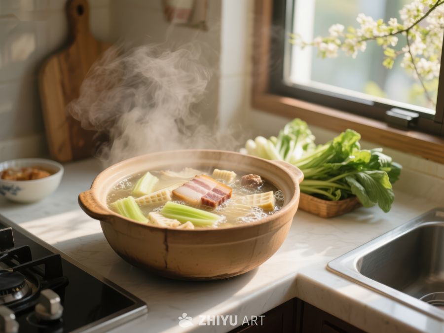 热气腾腾的火锅与新鲜蔬菜 550