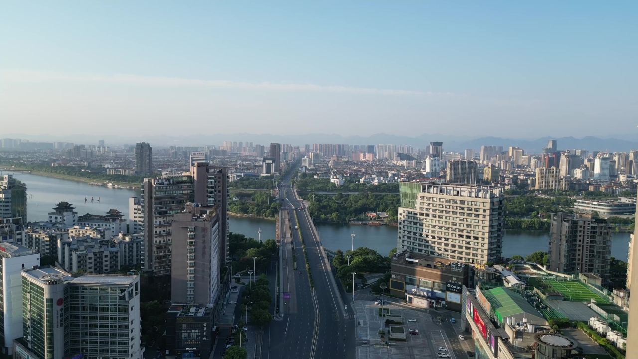 航拍金华通济桥五百滩公园