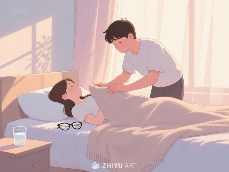 温馨晨光中，男子为女子盖被 701