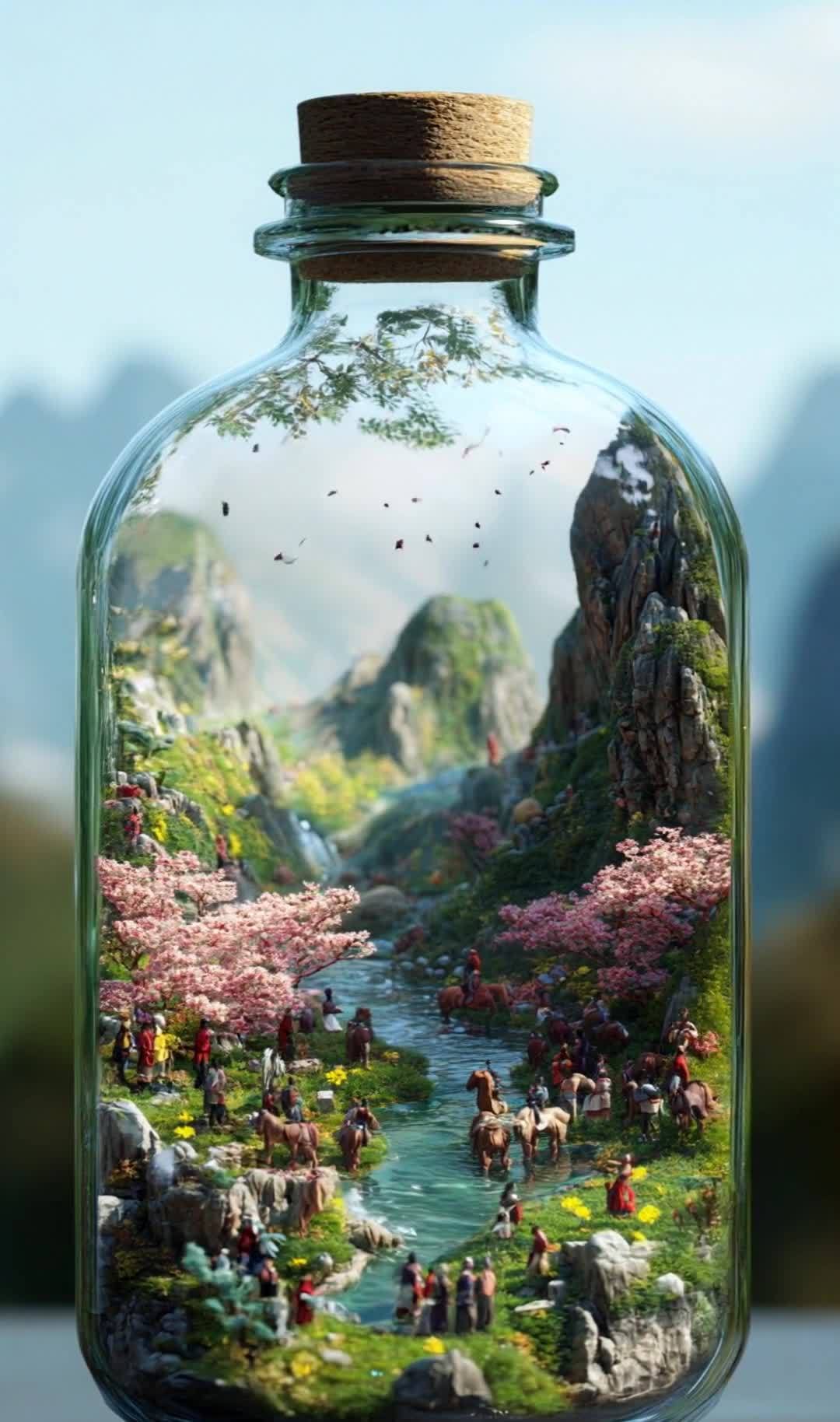 瓶中郊游：微型山水、人物花树与流动河水