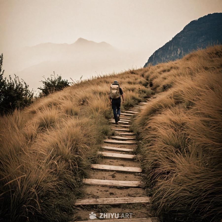 一个人背着背包站在泥土路上，可能是一条山间小径。小