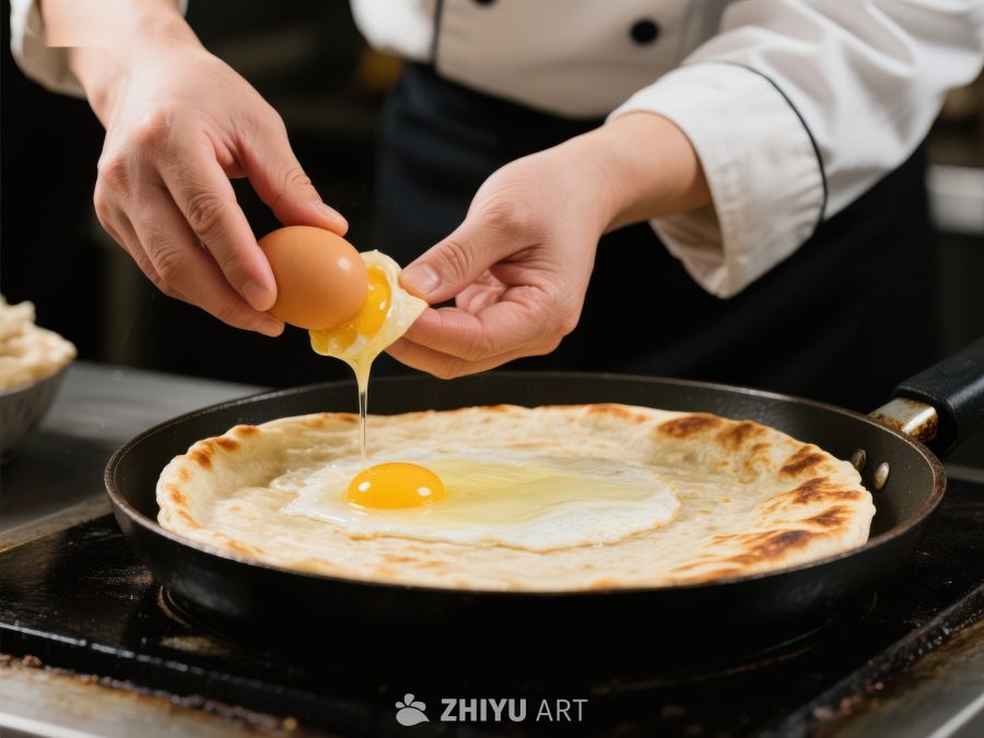 厨师正在煎锅中打蛋制作美食 132