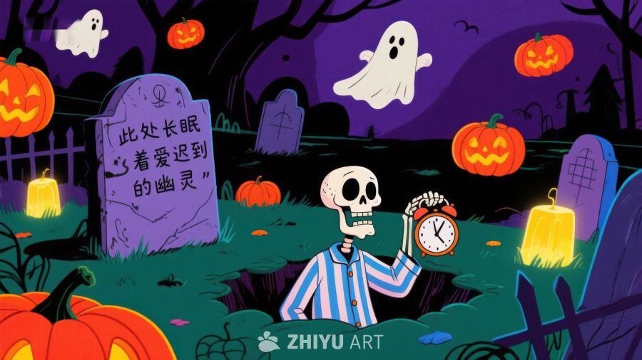 万圣节墓地中的骷髅与闹钟
