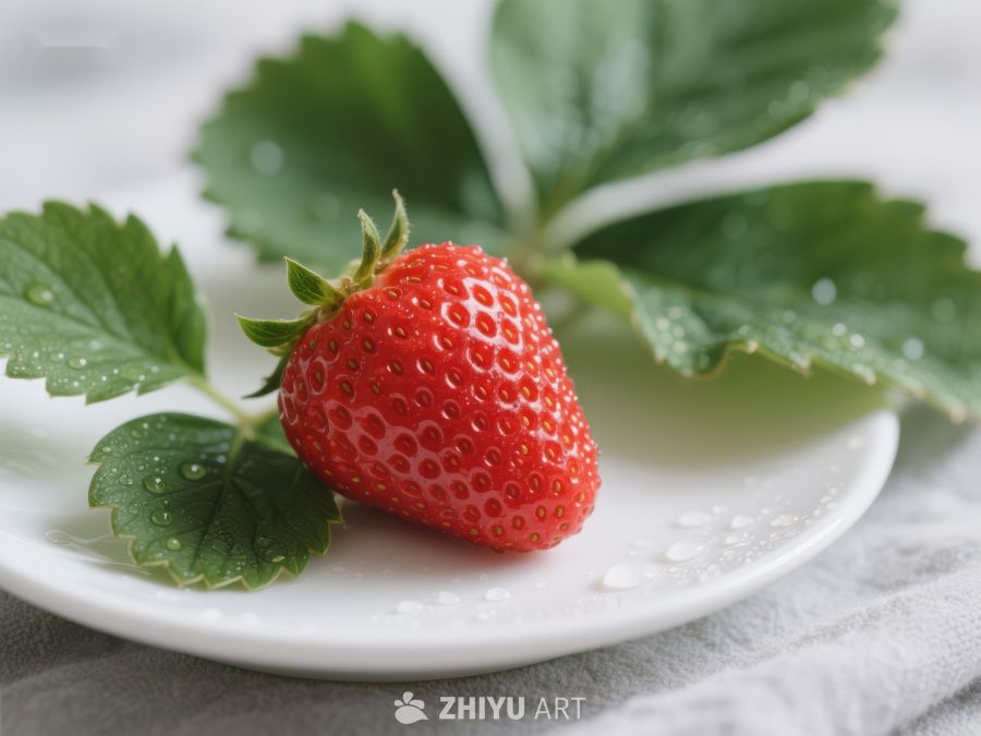新鲜草莓与绿叶置于白色盘中 533