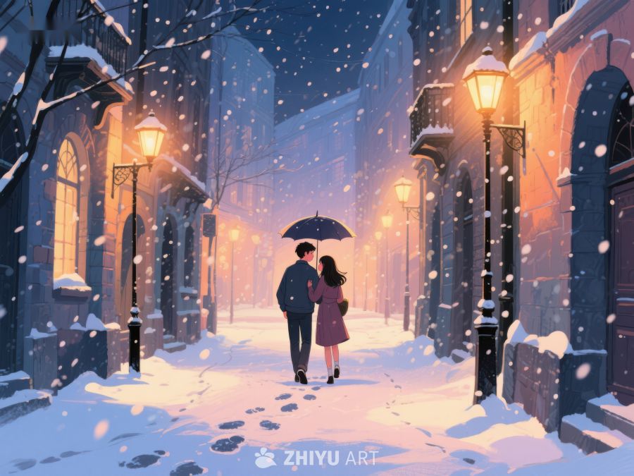 雪夜街灯下伞影相随 961
