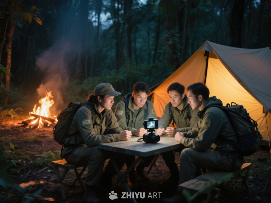 夜晚森林中四人围坐篝火旁查看相机 492