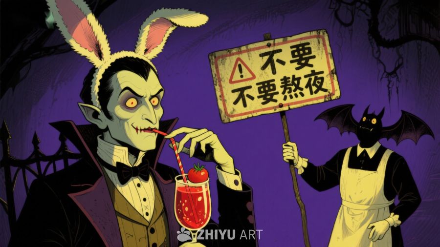 吸血鬼与蝙蝠手持警示牌