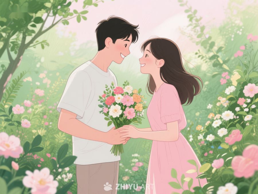 花园中手捧花束的恋人 375