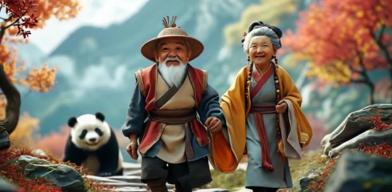 一位老人和一个老妇人，以及一只熊猫，出现在一条小径