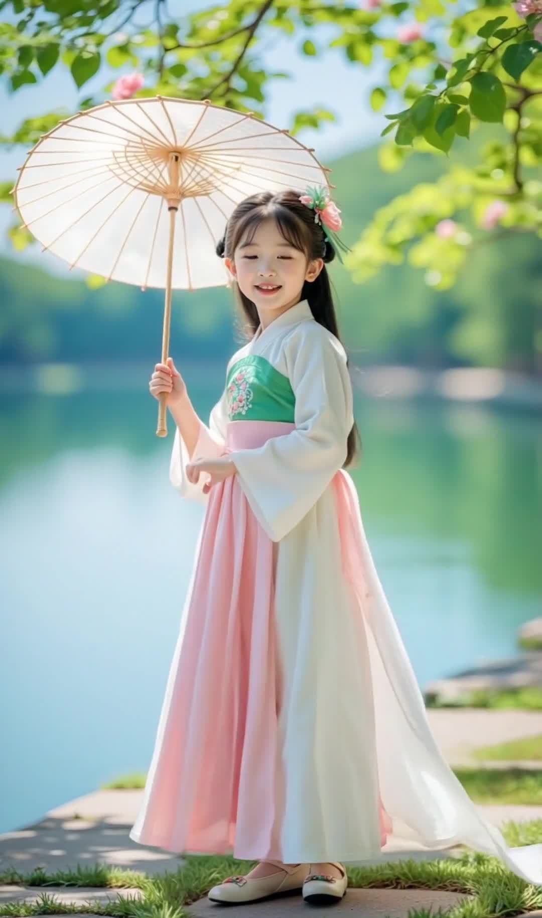手持纸伞穿汉服的可爱女孩在湖边微笑