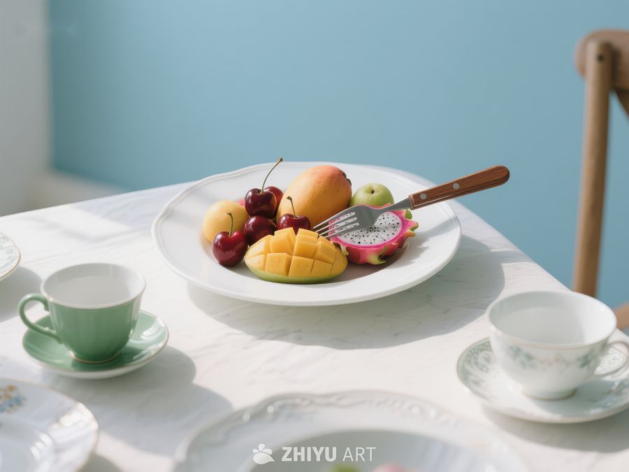 水果拼盘与茶杯的静谧早餐 522