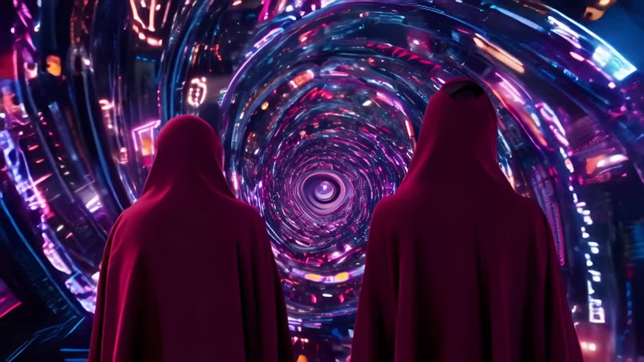 两名身穿红色斗篷的外星人站在一个类似莫比乌斯带的未