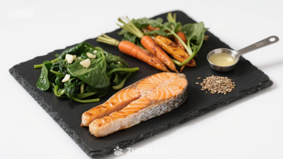 三文鱼配蔬菜与香料摆盘