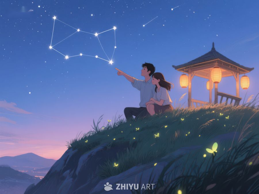 夜空下情侣共赏星座与萤火虫 1050