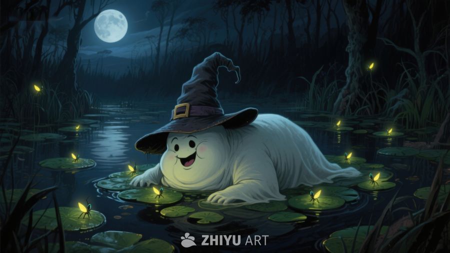 月夜池塘中的巫师幽灵