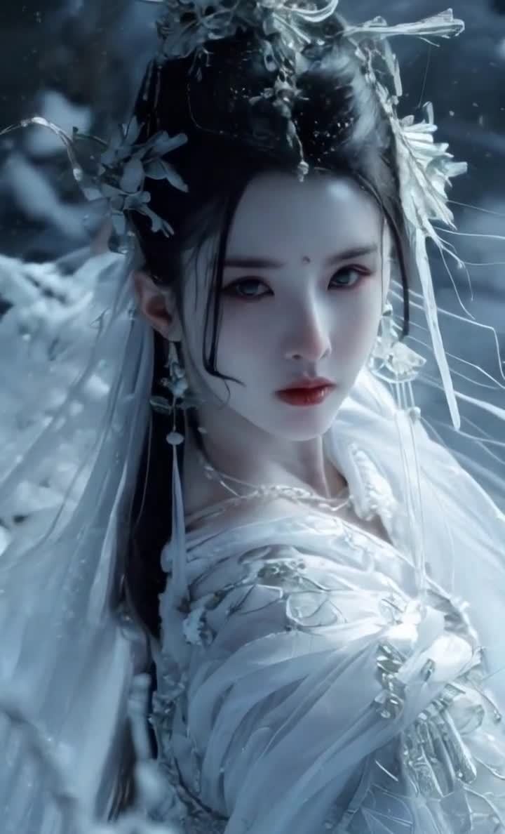 冷色调唯美古风美人，长发白衣，冷艳眼神直视
