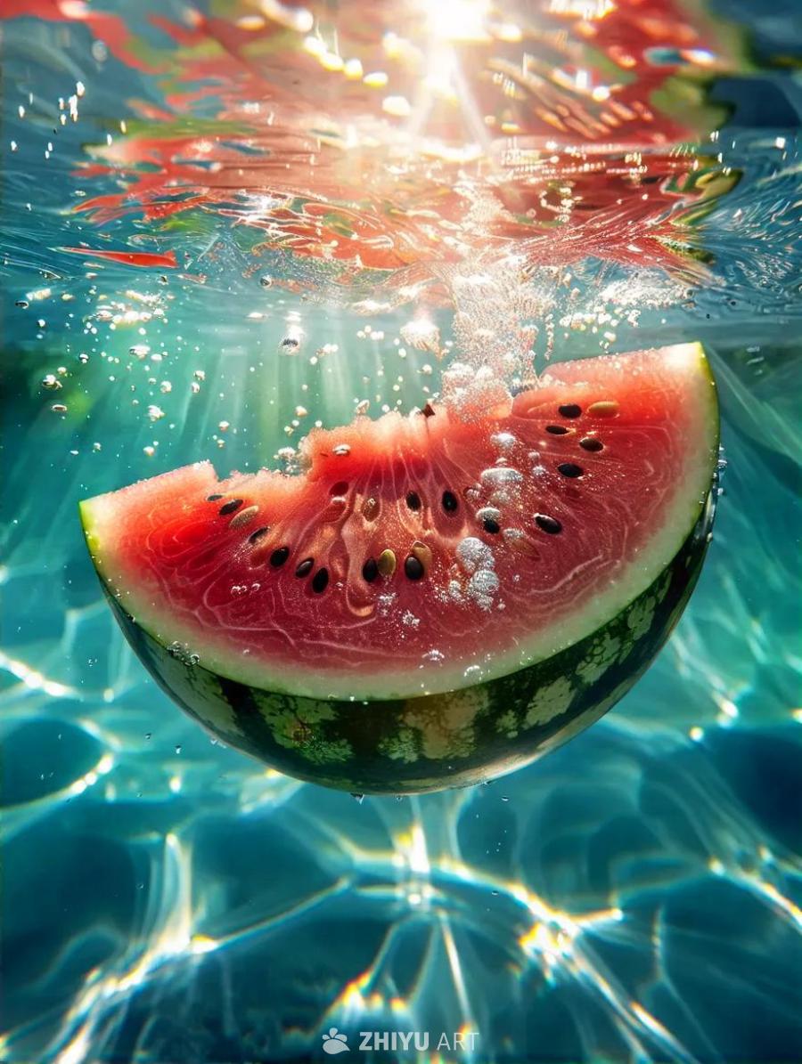 一个多汁的西瓜漂浮在清澈的水中，西瓜表面有深浅不一