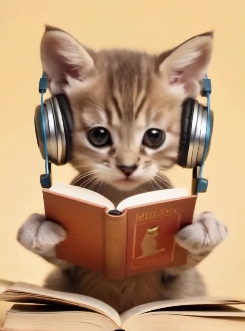 戴着耳机的可爱小猫咪专心阅读棕色书本。