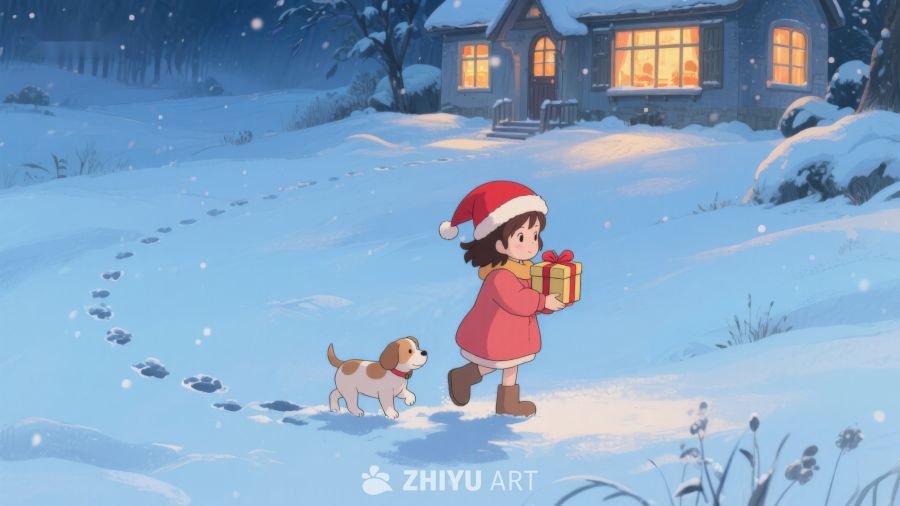 雪夜归家，小女孩手捧礼物 344