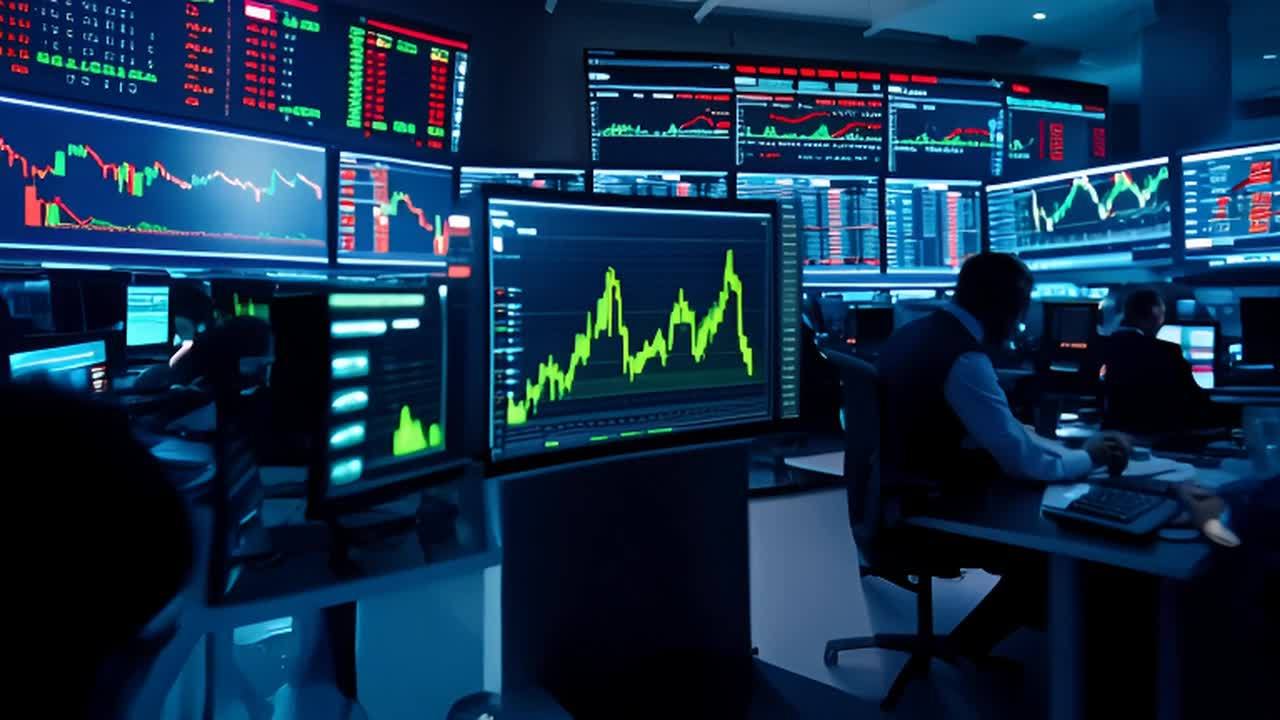一个繁忙的金融交易大厅，交易员们在各自的办公桌前专