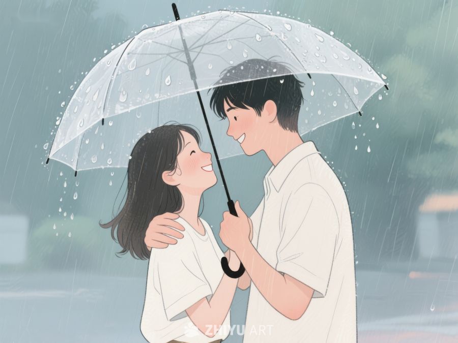 雨中情侣共撑伞温馨一笑 1161