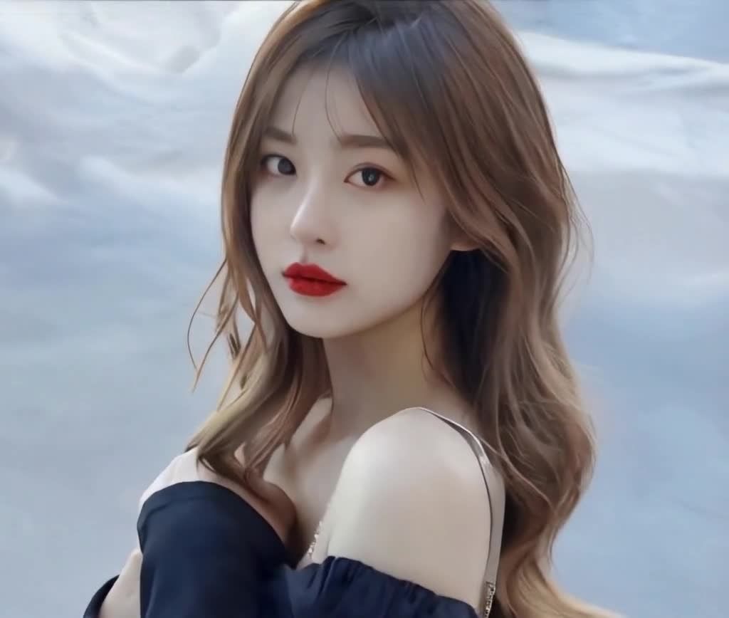 长发红唇的年轻女子，身穿黑白服饰，露肩侧脸照