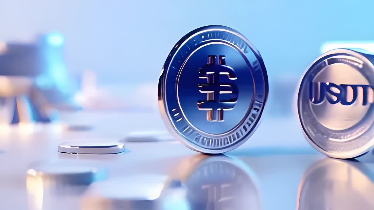 一枚银色硬币，上面有一个美元符号和USDT字样，放