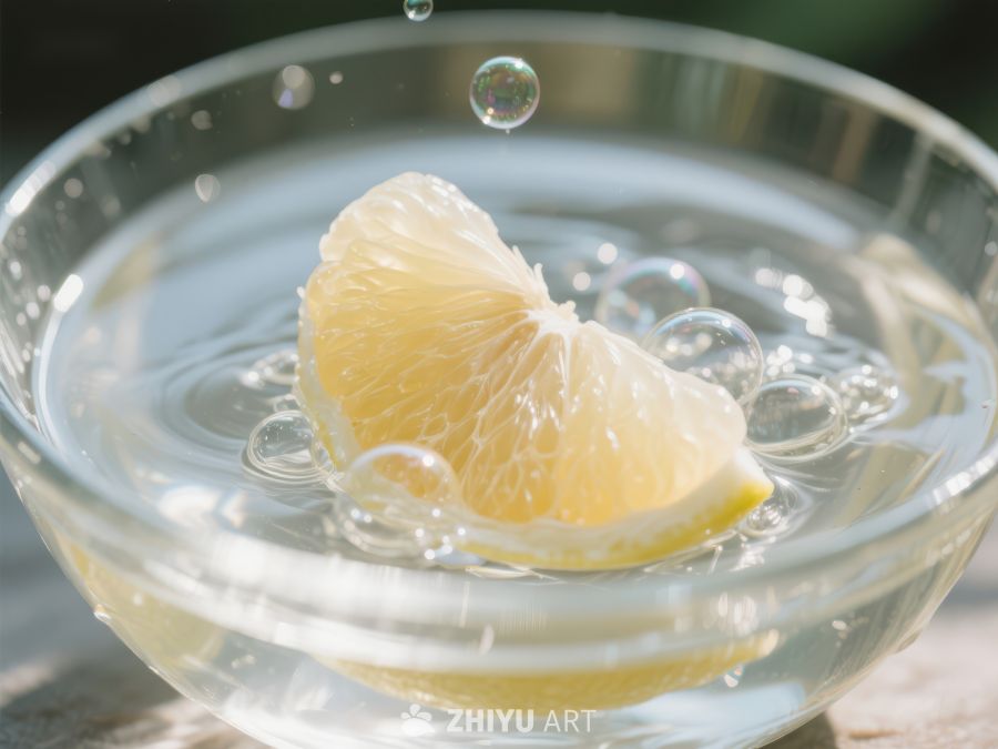 柠檬片在水中漂浮，气泡环绕 309