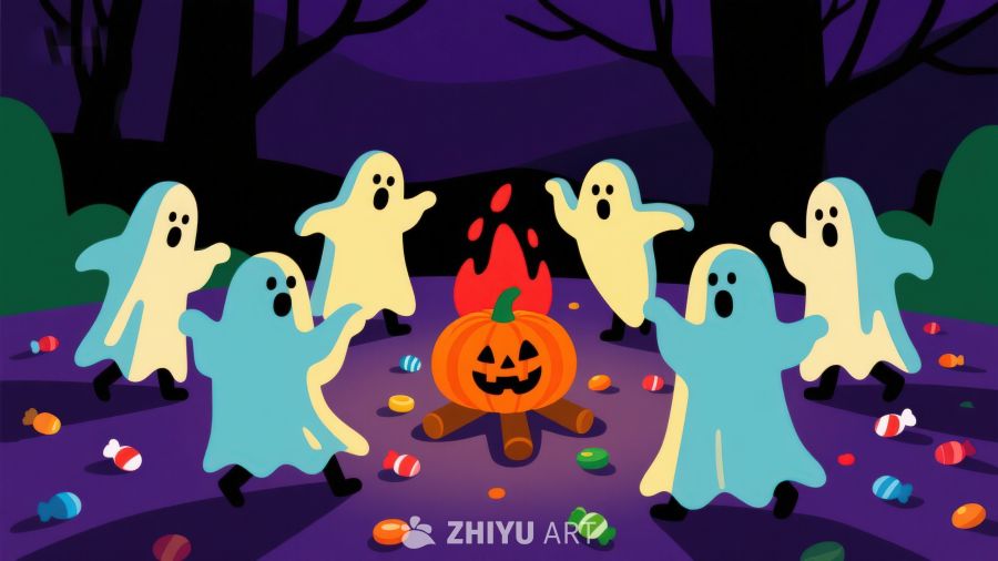 万圣节幽灵围绕南瓜庆祝