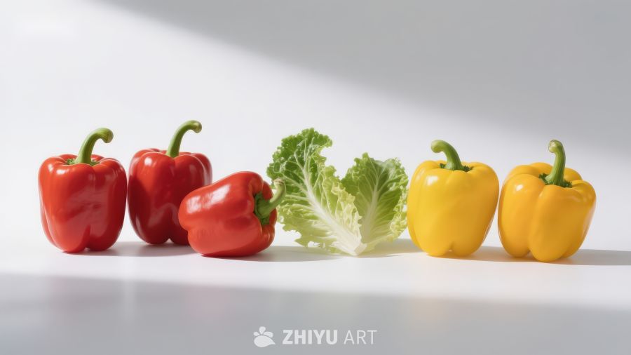 红黄彩椒与生菜静物摆拍