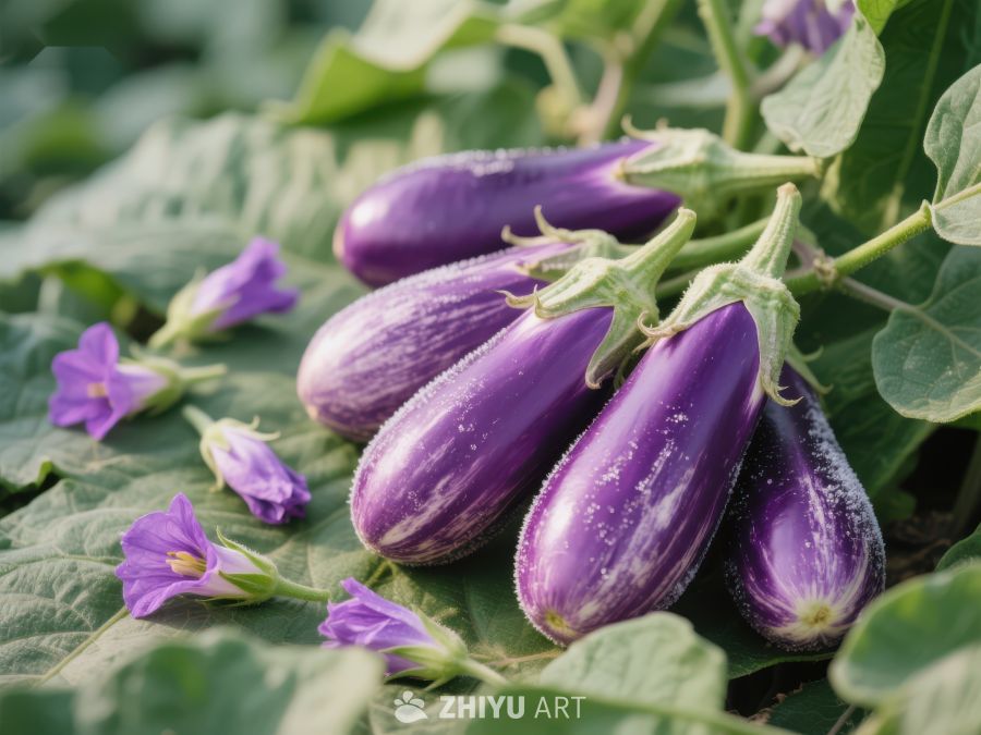 紫色茄子在绿叶间自然生长 394