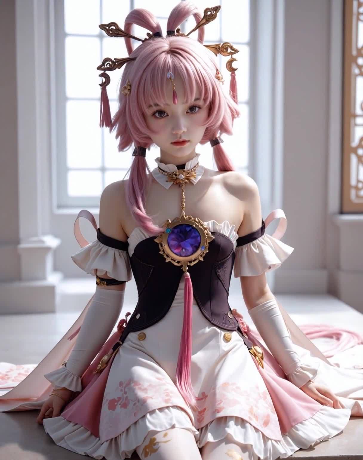 粉色系少女华服，室内背景，精致妆容凝视镜头。