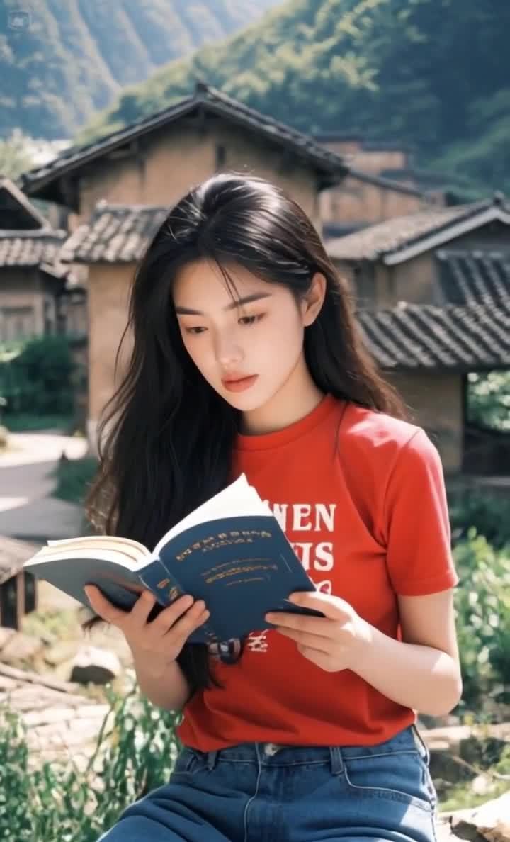 一名长发女子身穿红色T恤和牛仔裤，坐在户外，手里拿