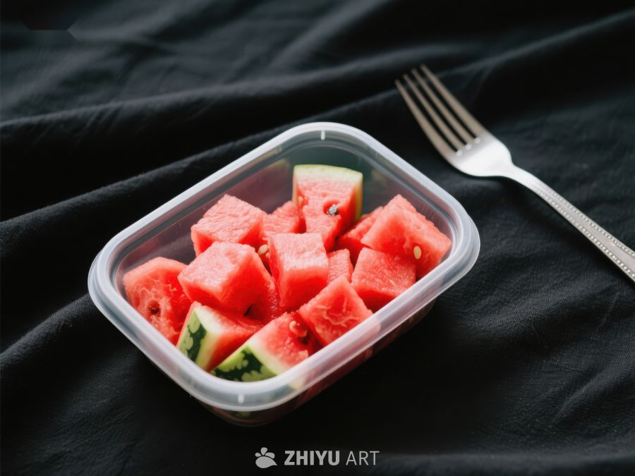 切块西瓜置于透明盒中，配银叉 360