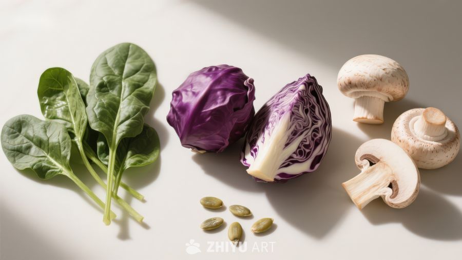 新鲜蔬菜与菌菇静物摆拍