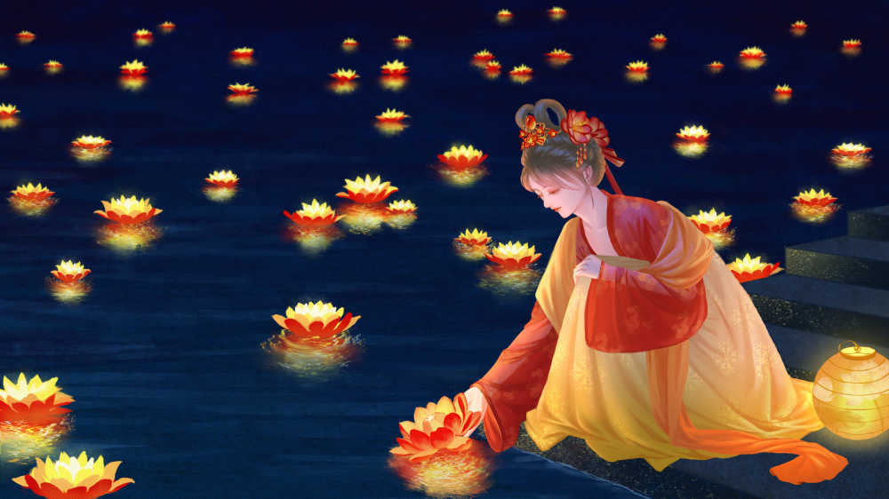 夜晚穿着汉服的少女蹲在水边放河灯祈福