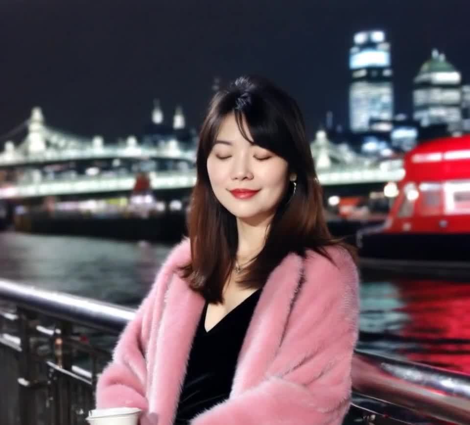 一位亚洲女性在夜间站在水边，穿着粉色毛绒大衣，黑色