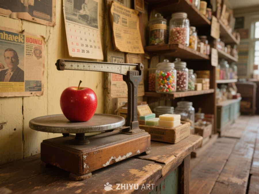 复古杂货店中的苹果称重场景 194