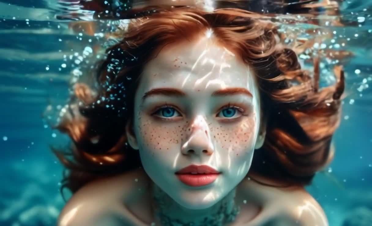 水下红发女子蓝眼，项链，光斑，气泡特写