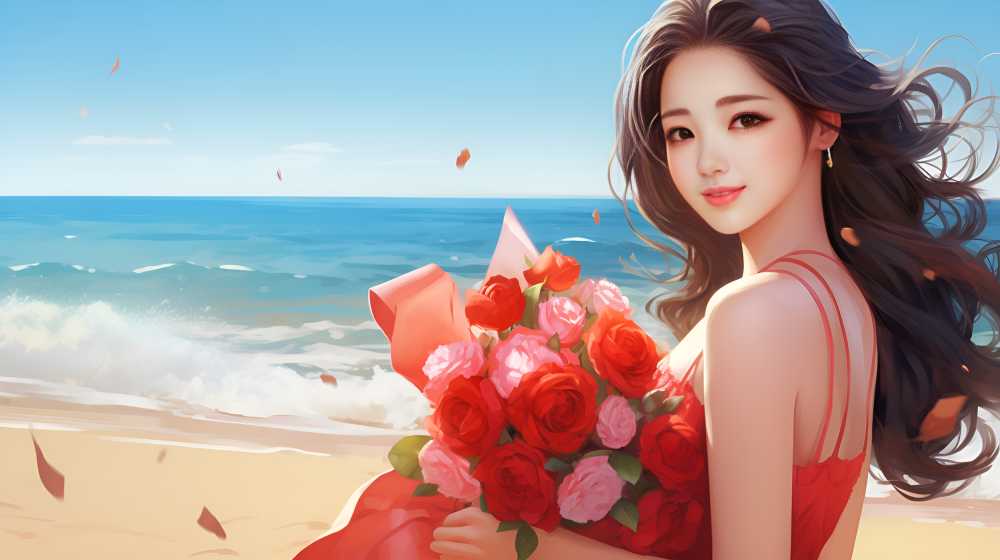 手拿花花的插画美女