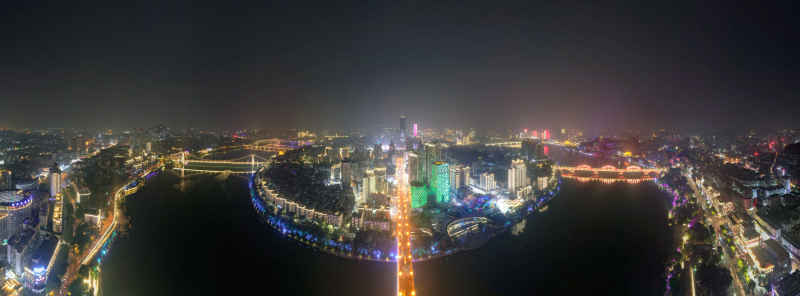广西柳州城市夜景灯光航拍全景图 