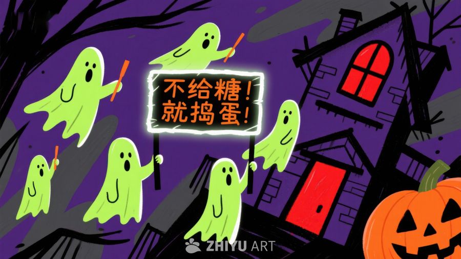 万圣节幽灵手持标语，背景为鬼屋