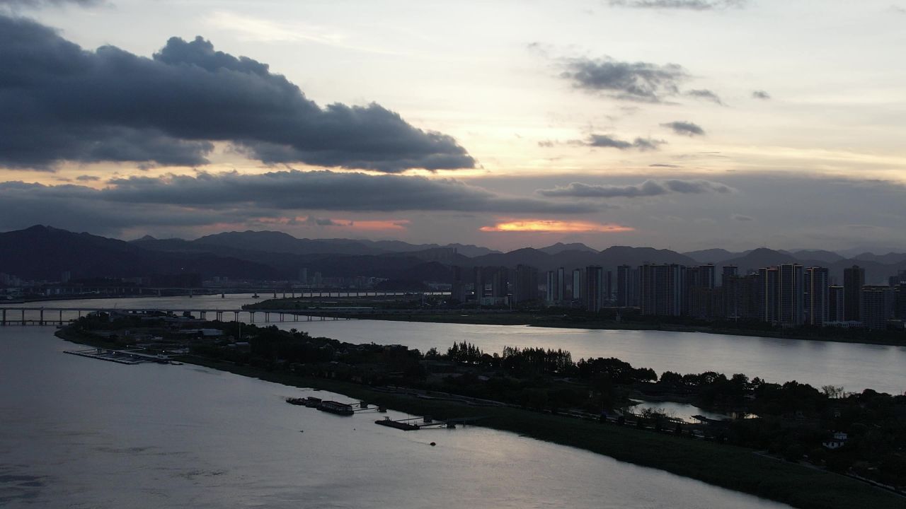 浙江温州城市晚霞夜幕降临航拍