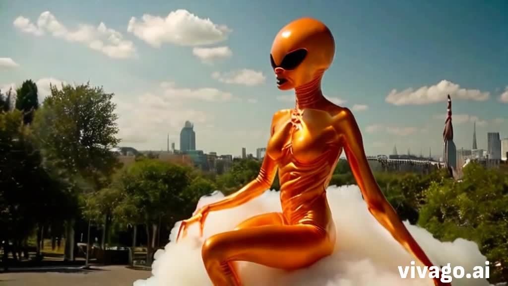 一个橙色光滑人形生物坐在云朵上，背景是绿色的树木和